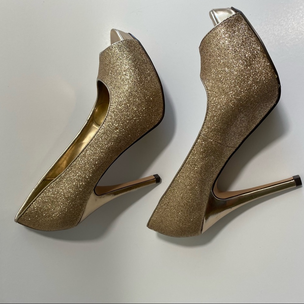 Gold Glittery Stiletto Jacqueline Ferrar Open Toe Heels Sz 7